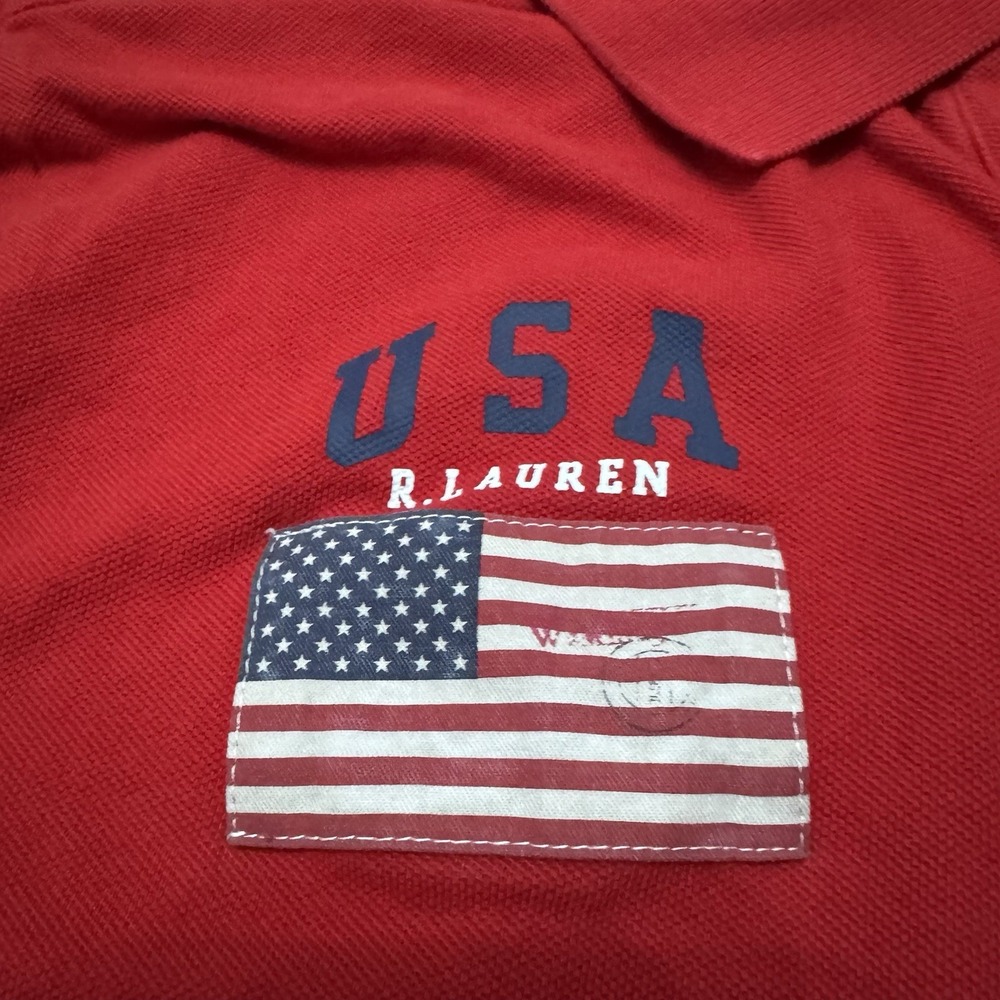 Ralph Lauren Polo Shirt Mens 2XL Red Custom Fit Big Pony USA Flag Rugby Preppy‎ - Picture 3 of 8